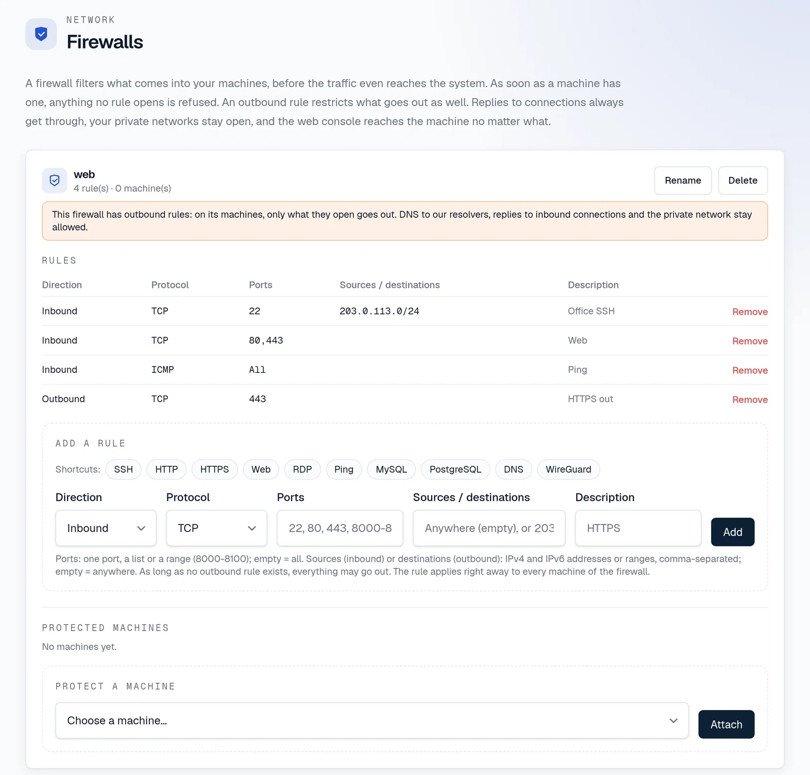 A web firewall: SSH from the office only, the web open to everyone, HTTPS only going out.