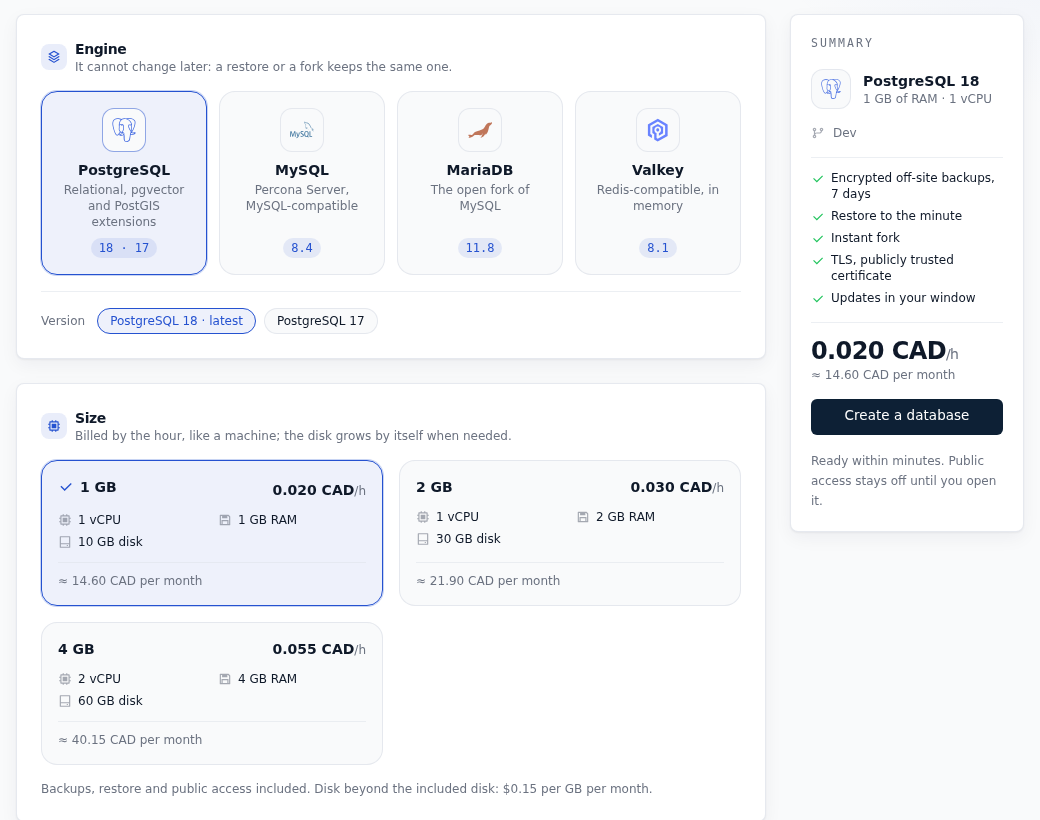 Database creation page in the FFxF console: PostgreSQL, MySQL, MariaDB and Valkey engines, 1, 2 and 4 GB sizes with their price, summary at 0.020 CAD per hour