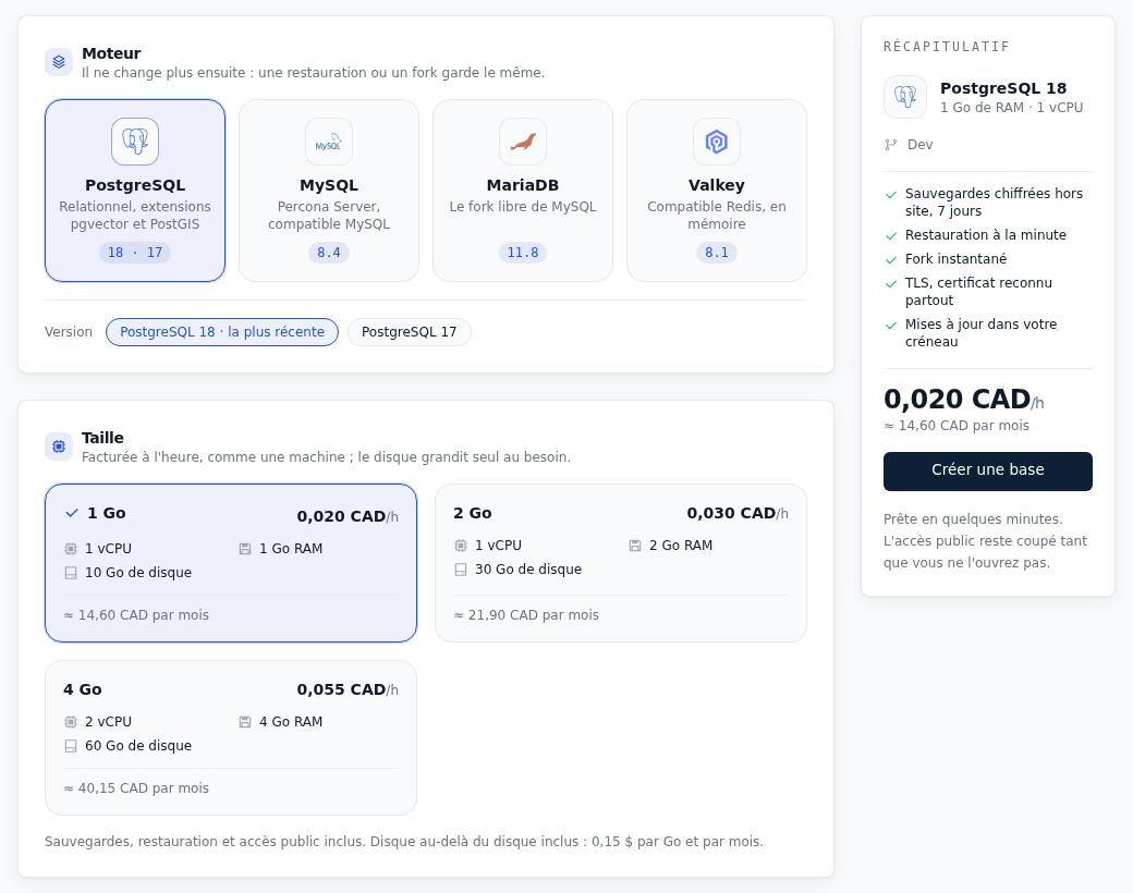 Page de création d'une base dans la console FFxF : moteurs PostgreSQL, MySQL, MariaDB et Valkey, tailles de 1, 2 et 4 Go avec leur prix, récapitulatif à 0,020 CAD l'heure