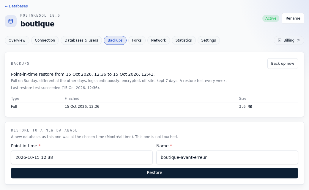 Backups tab of an FFxF database: restore window to the minute, full backup, form to restore into a new database at 12:38