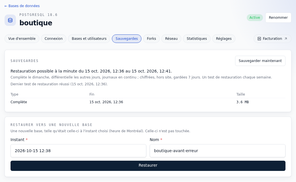 Onglet Sauvegardes d'une base FFxF : fenêtre de restauration à la minute, sauvegarde complète, formulaire de restauration vers une nouvelle base à 12:38