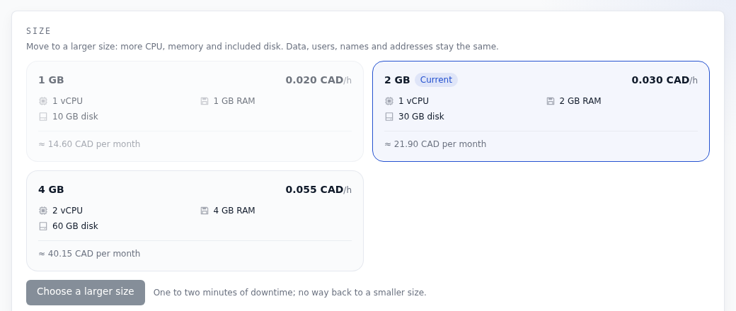 Size card in an FFxF database's settings: 2 GB marked as the current size, 1 GB greyed out, 4 GB available at 0.055 CAD per hour