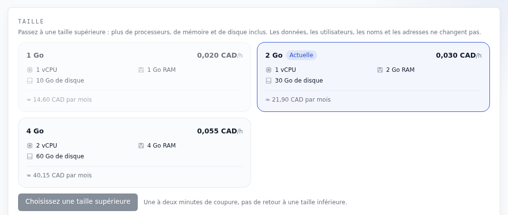 Carte Taille des réglages d'une base FFxF : 2 Go marquée comme taille actuelle, 1 Go grisée, 4 Go disponible à 0,055 CAD l'heure