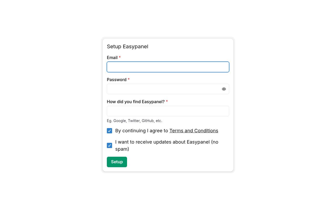 Easypanel admin account creation page, on port 3000 of an FFxF VPS