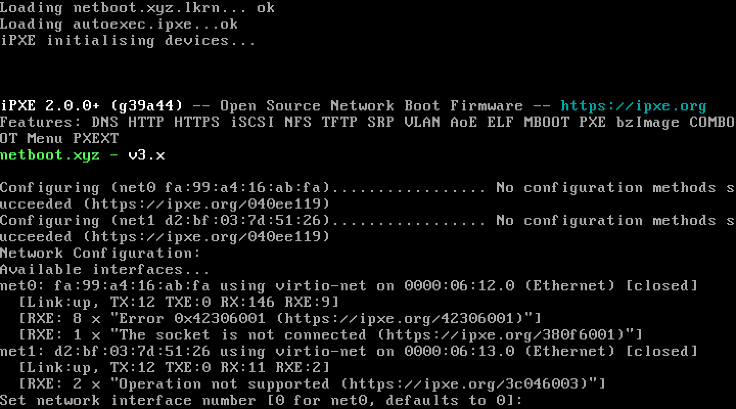 Console d'un serveur FFxF sous netboot.xyz : le DHCP échoue sur net0 et net1, puis l'invite Set network interface number demande la carte à configurer