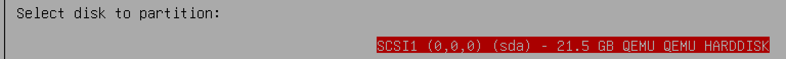 Installeur Debian, étape Partition disks : le disque SCSI1 (0,0,0) (sda) de 21,5 Go est proposé
