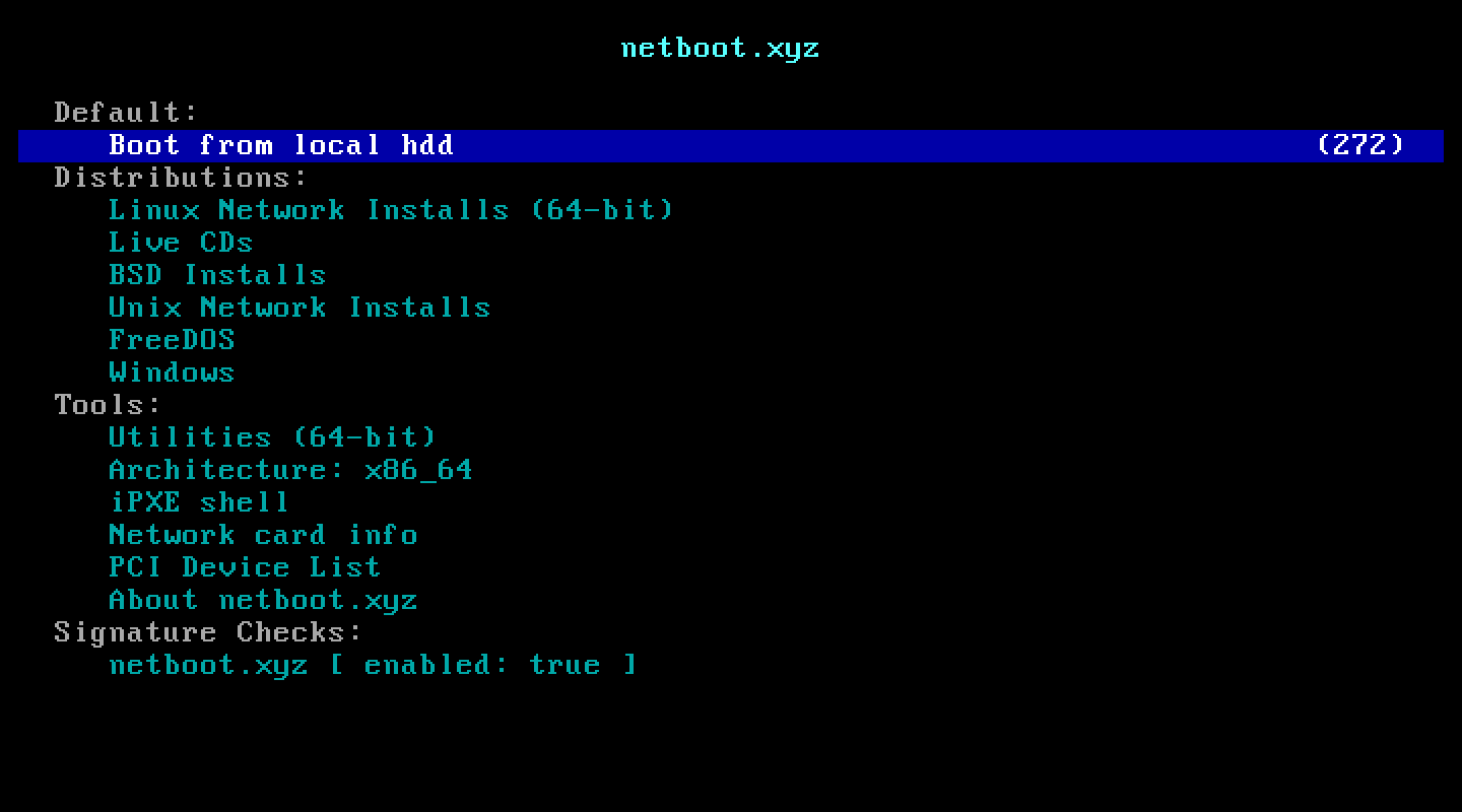 Menu principal de netboot.xyz dans la console FFxF : Linux Network Installs, Live CDs, BSD Installs, Unix Network Installs, FreeDOS, Windows, utilitaires et shell iPXE