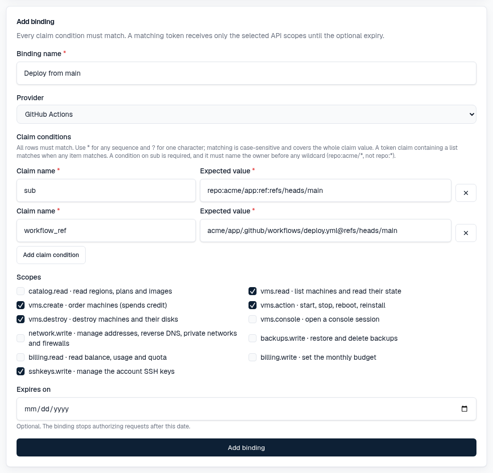 The add binding form in the FFxF console: sub and workflow_ref conditions, scopes to create and destroy machines