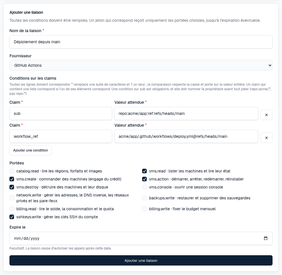 Formulaire d'ajout d'une liaison OIDC dans la console FFxF : conditions sub et workflow_ref, portées de création et de destruction de machines