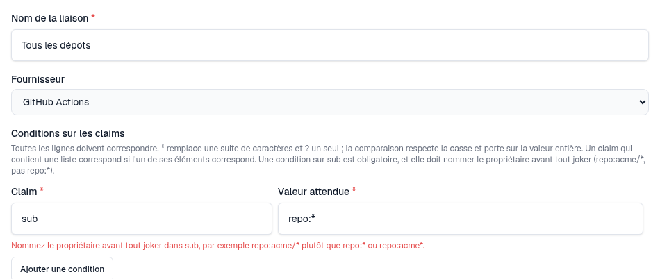La console refuse la condition sub = repo:* et demande de nommer le propriétaire avant tout joker