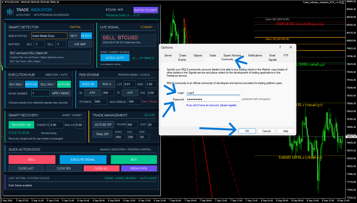 MetaTrader options window, Community tab, with MQL5 login and password fields